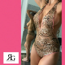 Load image into Gallery viewer, Leopard Print On Floral Lace w/ Hot Pink Lingerie Romper Bodysuit By Revolution Girl