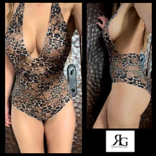 Load image into Gallery viewer, Leopard Print On Sheer Floral Lace Romper Lingerie Bodysuit By Revolution Girl 🤎