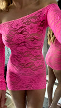 Load image into Gallery viewer, Hot Pink Floral Lace Off Shoulder Sheer Long Sleeve Mini Dress By Revolution Girl