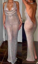 Load image into Gallery viewer, Sexy Silver Metallic Drop Neck Backless Chain Link Knit Sheer Long Dress By Revolution Girl ⭐️
