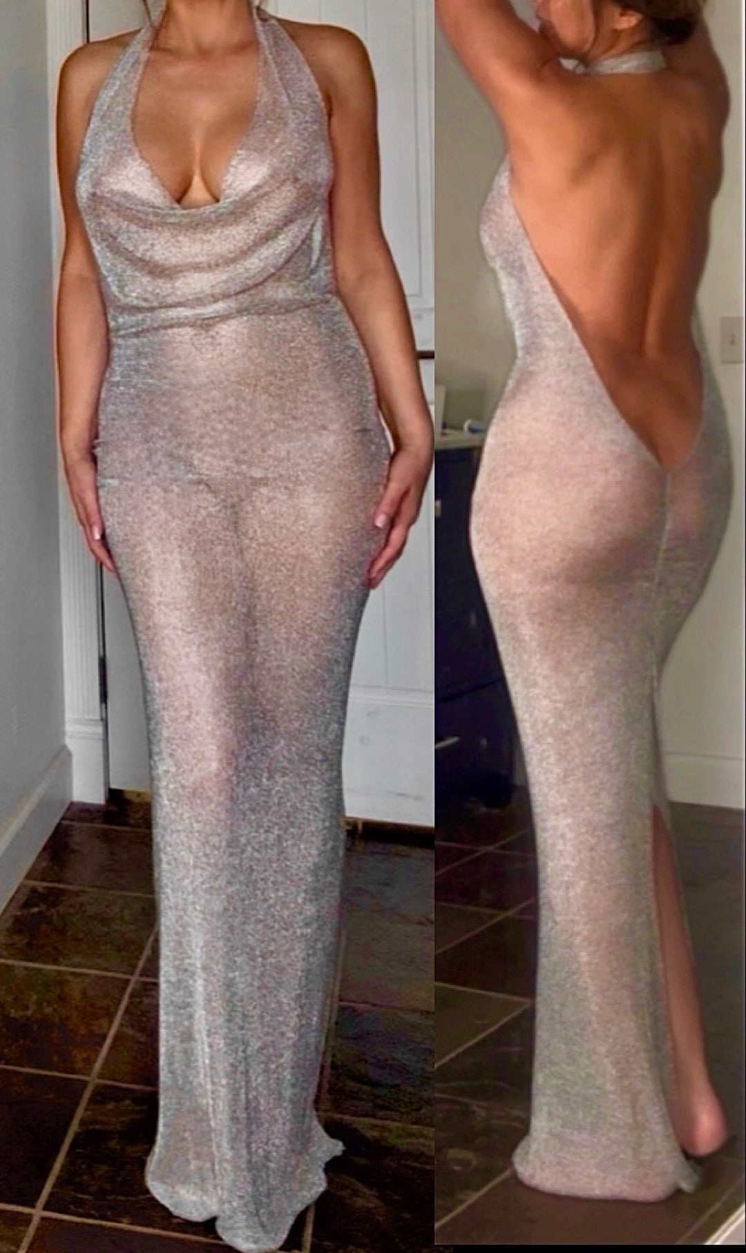 Sexy Silver Metallic Drop Neck Backless Chain Link Knit Sheer Long Dress By Revolution Girl ⭐️