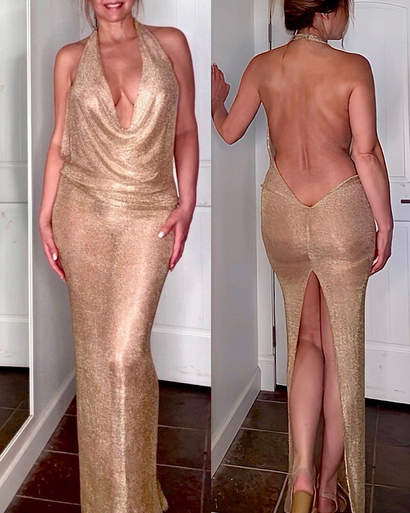 Sexy Gold Metallic Drop Neck Backless Chain Link Knit Long Dress By Revolution Girl ⭐️