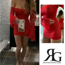 Load image into Gallery viewer, Red Off Shoulder Bell Sleeves Sheer Stretch Mesh Lingerie Mini Dress By Revolution Girl
