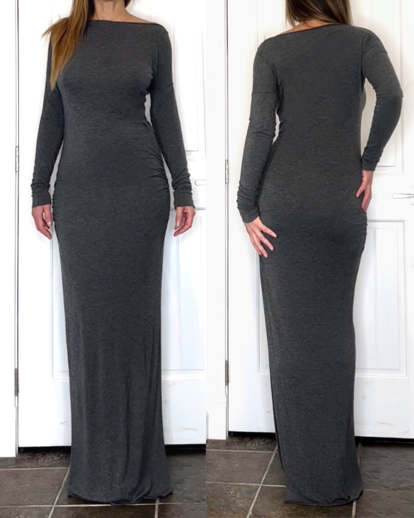 Women’s Dark Heather Grey Long Sleeve Boat Neck Soft and Comfortable Maxi Dress by Revolution Girl