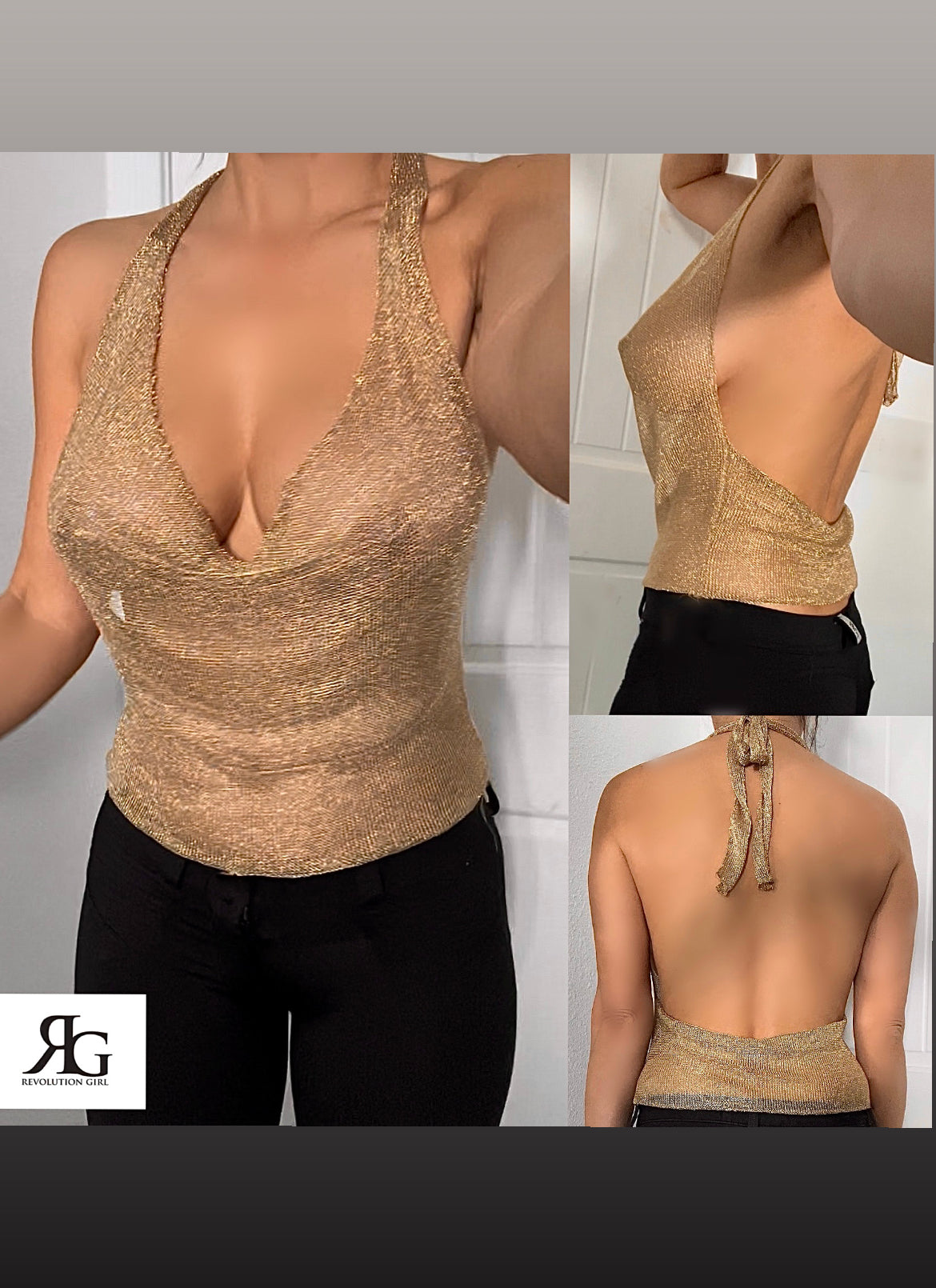 Sexy Gold Metallic Halter Drop Neck Chain Link Knit Top By Revolution Girl ⭐️