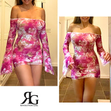 Load image into Gallery viewer, Pink Purple White and Green Bell Sleeve Mini Dress By Revolution Girl
