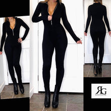 Load image into Gallery viewer, Black High Neck Front Zipper Longsleeve Full Body Sexy Catsuit Jumpsuit
