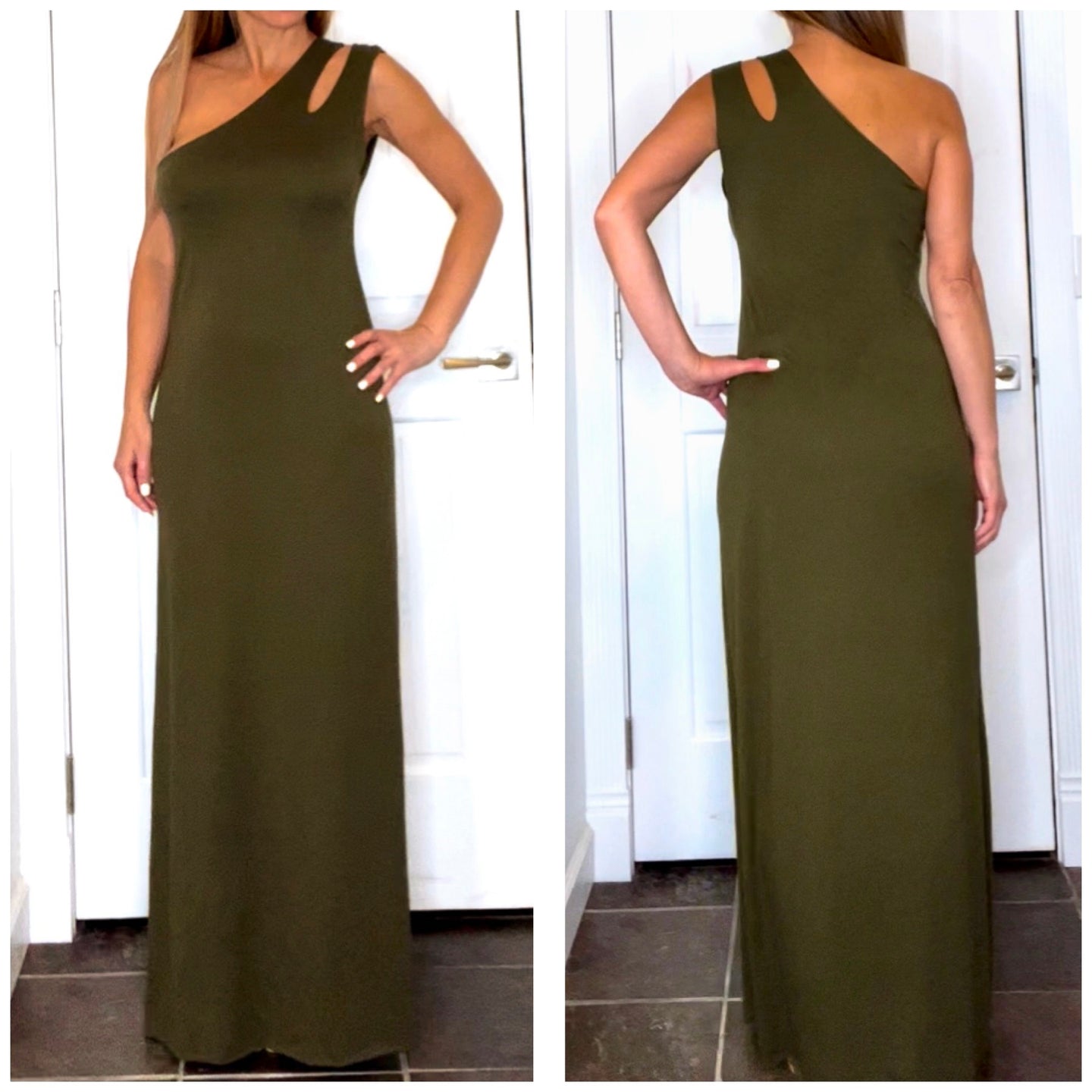 Women’s One Shoulder Dark Olive Green Long Maxi Dress by Revolution Girl ⭐️